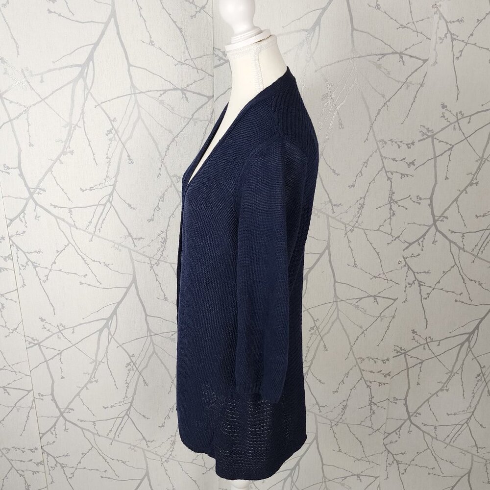 Talbots Navy 100% Linen Ribbed Knit Open Front Cardigan - Picture 2 of 6
